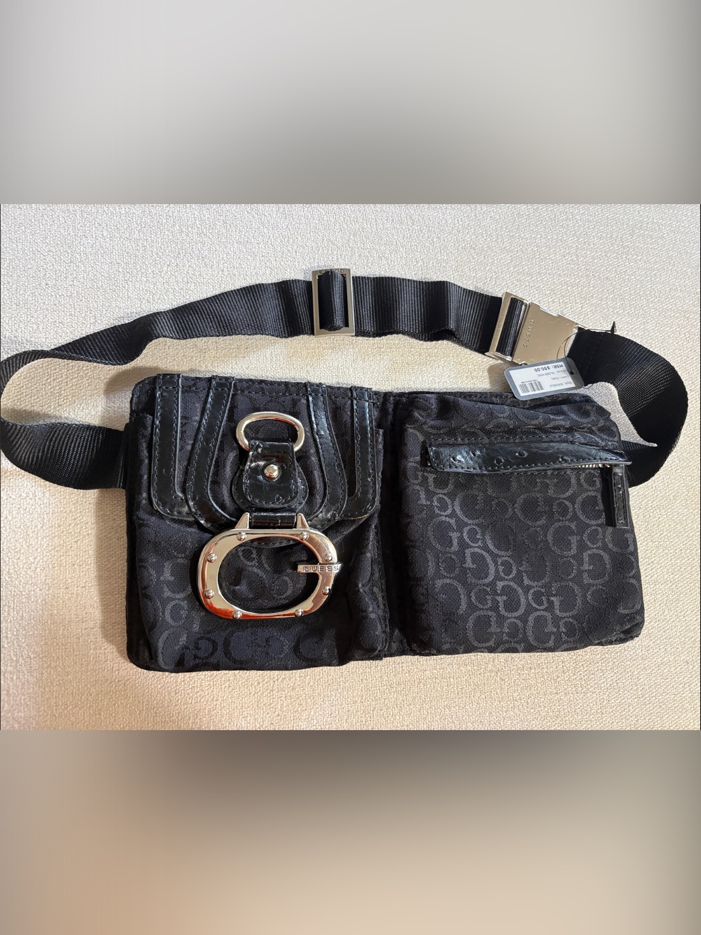 Guess Black Monogram Logo Belt Bag with Silver Hardware